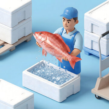 発泡スチロールから大きな鯛を持ち上げる水産作業員
