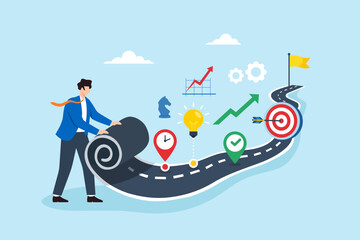 Flat illustration of businessman unrolling strategic roadmap beside timeline path with milestone icon and target career planning business strategy © VZ_Art
