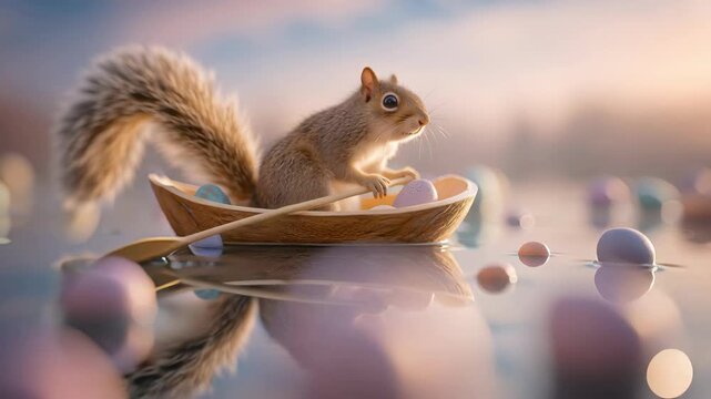 Cute fluffy squirrel rowing tiny wooden boat with oar amid floating colorful pastel easter eggs on reflective water surface