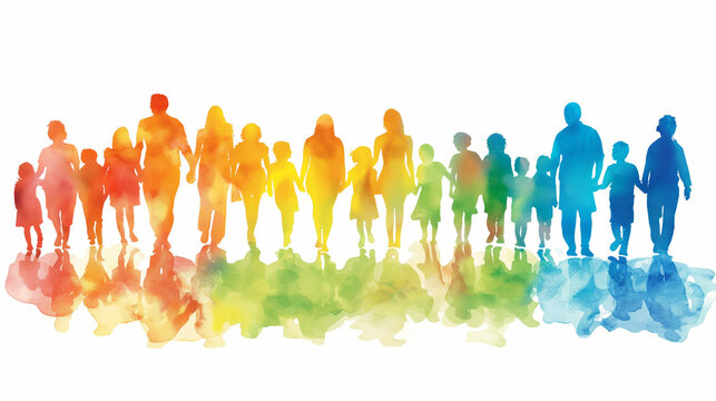 Watercolor silhouettes of adults and children holding hands together, perfect for family related designs, parenting materials, and unity themed projects.