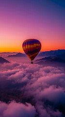 Obraz premium A hot air balloon floats above a mountainous landscape during a vibrant sunset