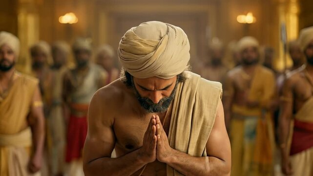 A humble sage greets the royal court with folded hands, showing respect and spiritual humility amidst regal surroundings.