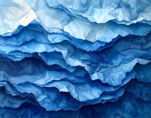 Obraz premium Abstract artwork showcasing layers of crumpled paper in varying shades of blue, creating a textured and dynamic composition
