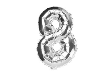 A shiny silver balloon shaped like the number eight, isolated, PNG