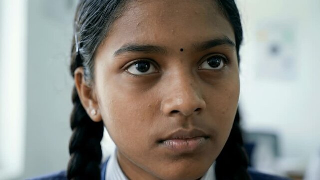 A serious schoolgirl looks thoughtfully out of the window in a bright classroom, her expression focused and contemplative.