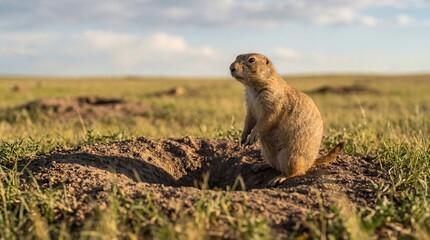 Prairie dog standing near burrow in serene meadow with warm natural lighting for wildlife photography