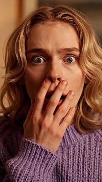 A young person with blonde hair looks directly at the camera with a shocked