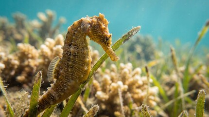 Seahorse in underwater meadow with vibrant aquatic plants in soft blue lighting for marine life conservation