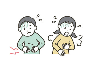 ノロウィルスや食中毒などで腹痛が起こる男の子と嘔吐する女の子
