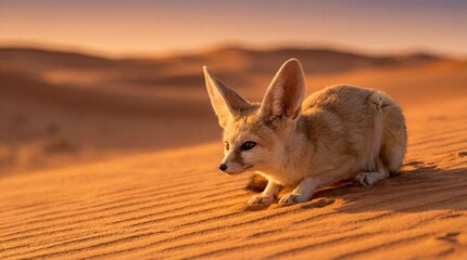 Fennec Fox in Serene Desert Landscape with Warm Golden Lighting on Sandy Dunes for Wildlife Conservation