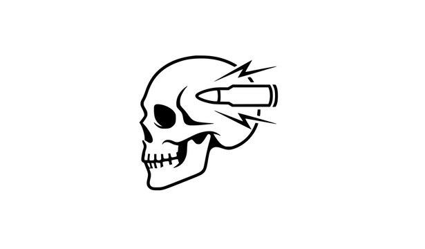 Simple Skull and Bullet Line Art Logo Black White Vector Icon