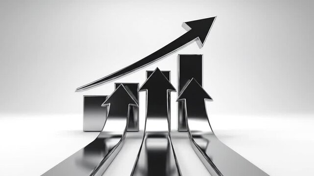 3D illustration shows an upward trend with arrows and bar graph elements on a white gradient