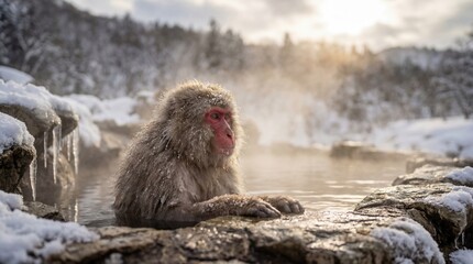 Japanese macaque in serene hot spring with warm golden lighting on snowy rocks for wildlife conservation