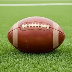 An american football rests on a vibrant green grass field