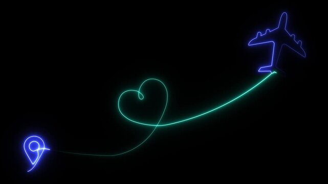 Neon airplane with love route dotted line animation on black background. glowing journey or travel destination path motion. Flying plane icon 4k video.