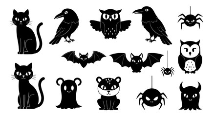 Fototapeta premium Collection of Spooky Halloween Silhouettes Featuring Cats Owls Crows Bats and Spiders.