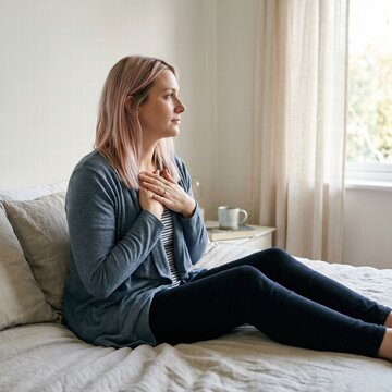 Woman Pink Hair Sitting Bed Hands On Chest Heart Meditation Mindfulness Reflection Bedroom Lifestyle Home Wellness Self Care
