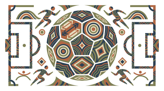 Creative geometric soccer football field illustration featuring tribal aztec style pattern ball and player silhouettes for sports tournament background.