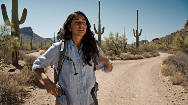 A woman hikes in a desert landscape with cacti and a fork in the dusty road under a clear sky