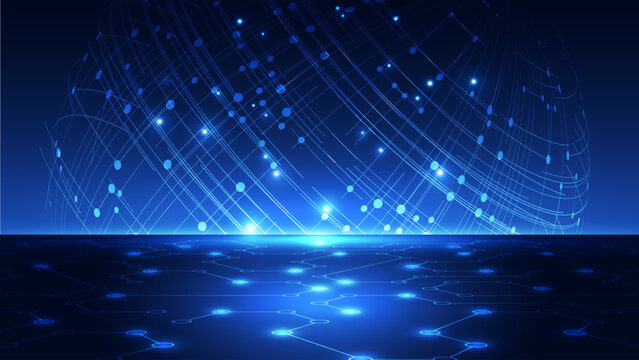Abstract Futuristic Digital Landscape: Glowing Blue Data Grid Floor and Large Wireframe Sphere