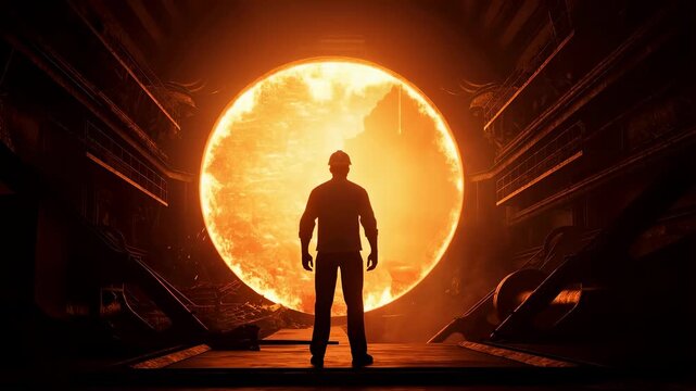 Silhouette of a person standing before a massive glowing sun in a futuristic setting. Represents exploration, innovation, and the quest for knowledge