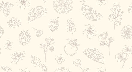 Delicate botanical line art pattern with fruits and flowers.
