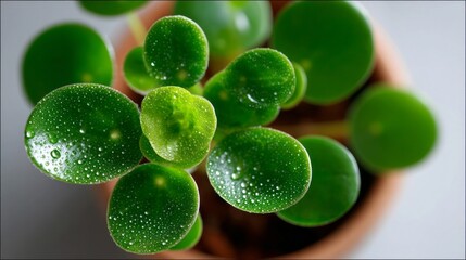 Obraz premium The mini Pilea plant, with its lush, round leaves, sparkles as droplets of water cling to the surfaces, creating a refreshing scene in a bright white pot on a light backdrop