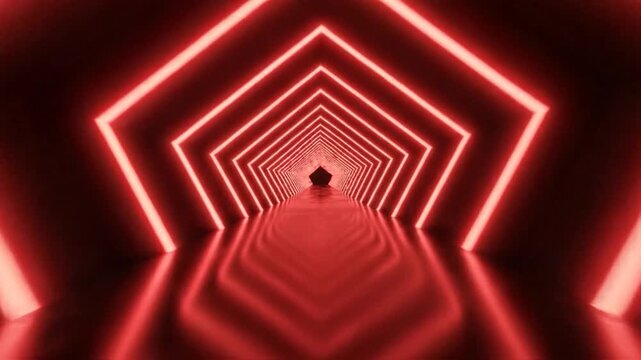 Abstract red neon light tunnel with glowing pentagonal shapes