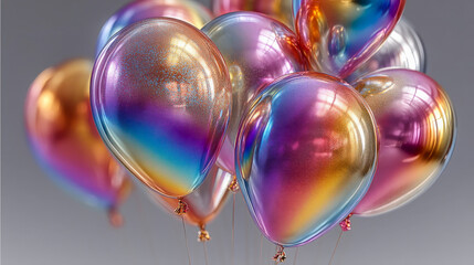 Glossy iridescent rainbow balloons bunch