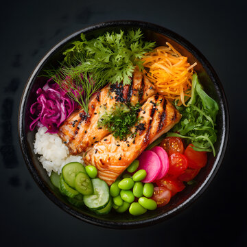 Healthy Japanese lunch bowl with grilled salmon, fresh vegetables, edamame, and rice on a black background.
