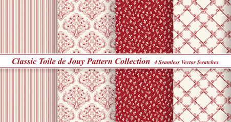 Red Toile de Jouy Pattern Set - Traditional Rustic Christmas & Valentine Backgrounds
