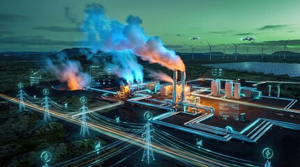 A futuristic heating system using geothermal background concept. A vibrant industrial facility showcasing energy production processes.