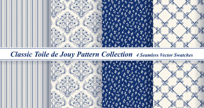 Classic Blue Toile de Jouy & Delftware Pattern Set - Summer Porcelain Backgrounds

