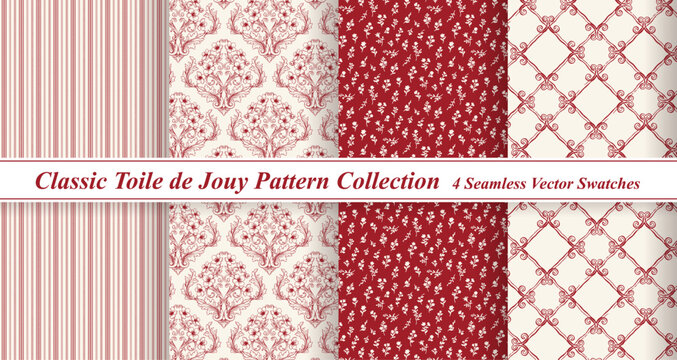 Red Toile de Jouy Pattern Set - Traditional Rustic Christmas & Valentine Backgrounds
