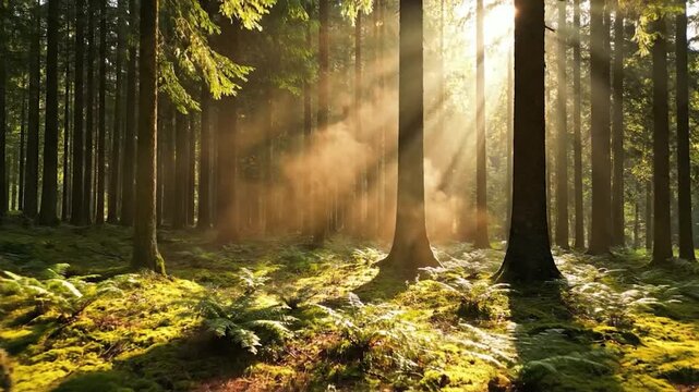 Golden sun rays illuminate a tranquil forest floor covered in vibrant green moss