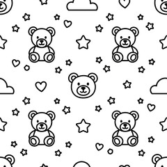 Fototapeta premium Adorable teddy bears surrounded by stars and hearts in a seamless pattern on a clean white background illustration