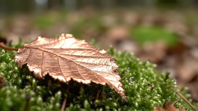A close-up shows a copper-colored leaf on green moss, with water droplets. Background is out of focus