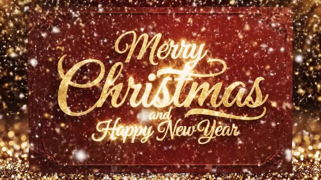 Merry Christmas Happy New Year Elegant Golden Text Animation, Luxury Red Background with Heavy Snowfall and Sparkling Glitter Loop