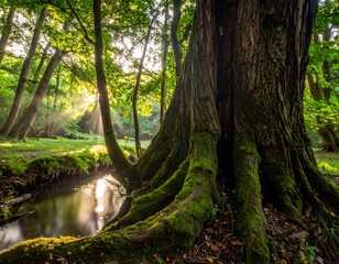 Fototapeta premium Sunlit forest scene with a large tree and stream
