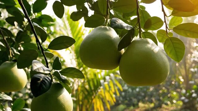 Fresh green pomelo fruits hanging from a tree branch in a sunny orchard
