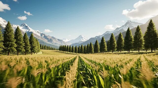 Lush farmland with rows of crops leads to snowy mountains and a blue sky with fluffy clouds
