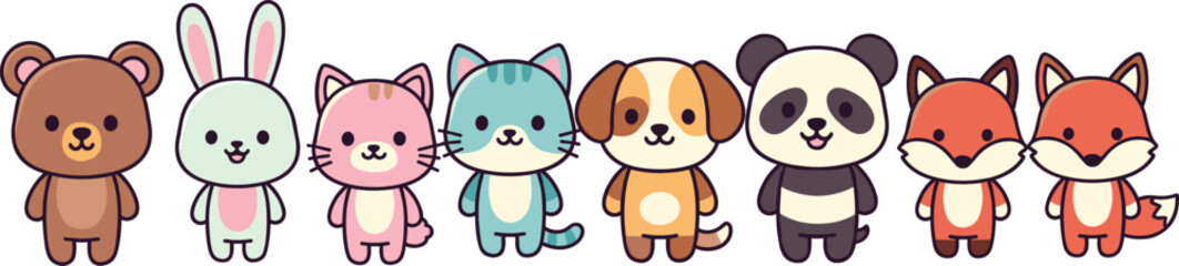 Obraz premium Kawaii Animal Character Set with Cute Bear Rabbit Cat Puppy Panda and Fox for Children Stickers Nursery Decor Baby Shower Invitations and Greeting Cards