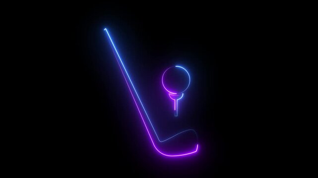 Neon Glowing golf clubs and balls Icon animation on black background.4k motion video .