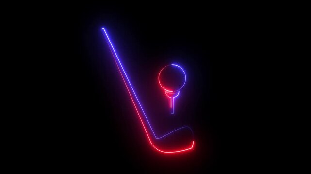 Neon Glowing golf clubs and balls Icon animation on black background.4k motion video .