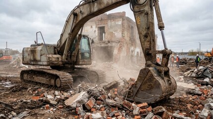 Fototapeta premium Excavator bucket lifting bricks in demolition process concept. An excavator demolishes a building, creating debris and dust.
