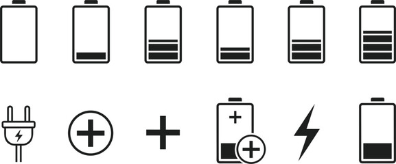 Black vector icon set of battery charging levels including full empty and partial status symbols with electric plug lightning bolt and energy indicators. © Sagor