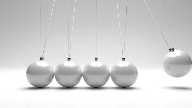 Five shiny llic spheres demonstrating the principles of physics and motion