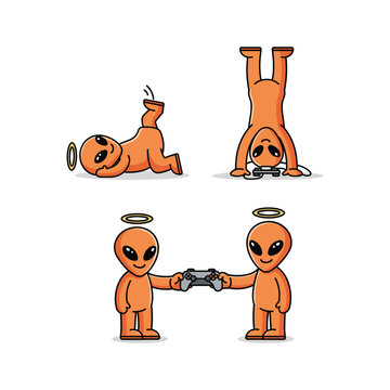 Cartoon aliens wrestling and doing handstands with halos in a humorous and playful style