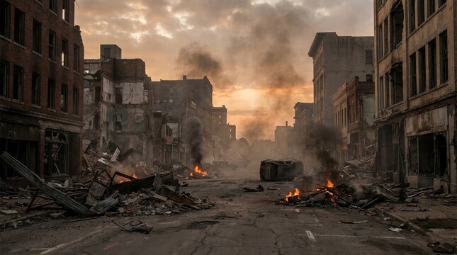 Empty city street with building ruins and dramatic explosion concept. Desolate city street with destruction and smoke at sunset.