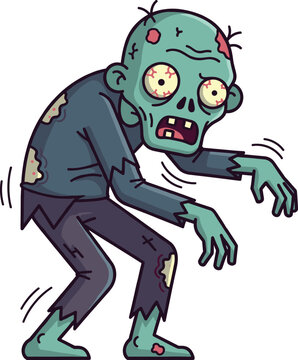 Scary Green Cartoon Zombie Character with Tattered Clothes and Pale Eyes Walking with a Mindless Stare for Halloween, Horror Gaming, and Undead Apocalypse Concepts